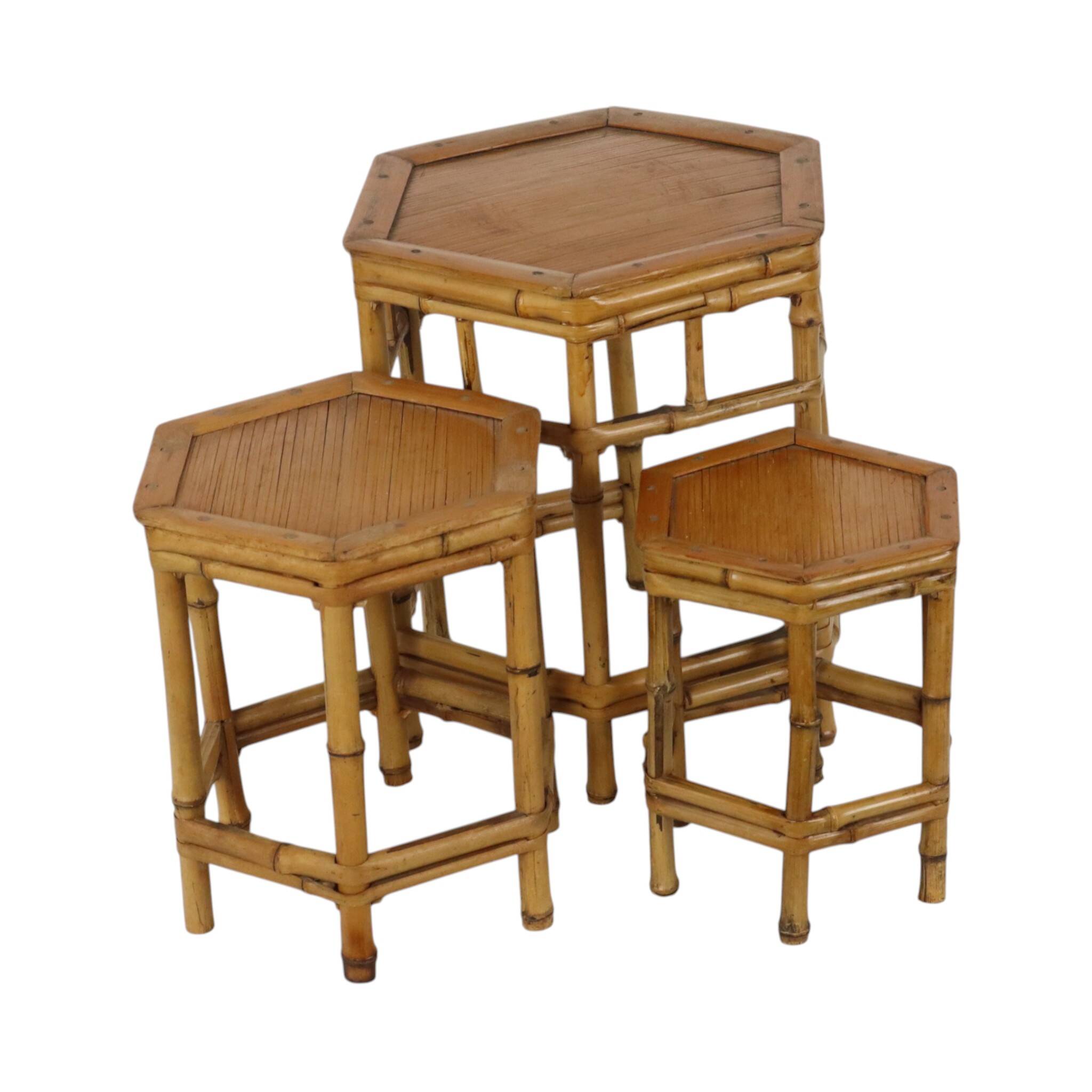 Vintage Set of 3 Bamboo and Rattan Side Tables / Nesting Tables – Boho Styl