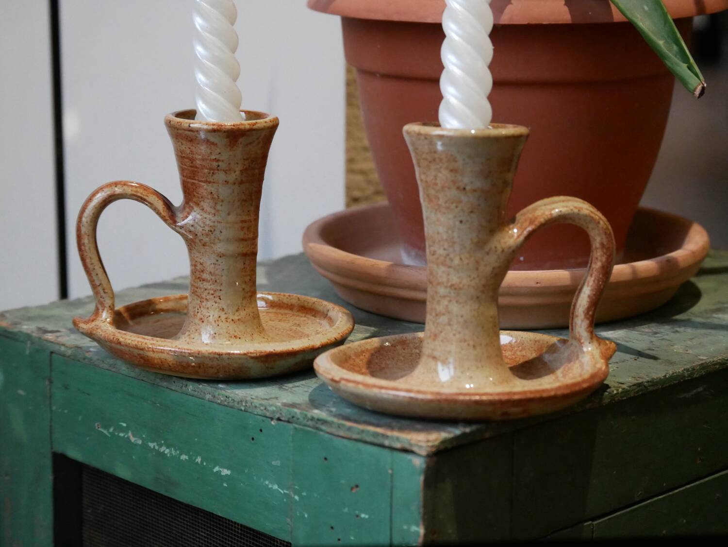 Stoneware candle holders - set of 2 (signed)