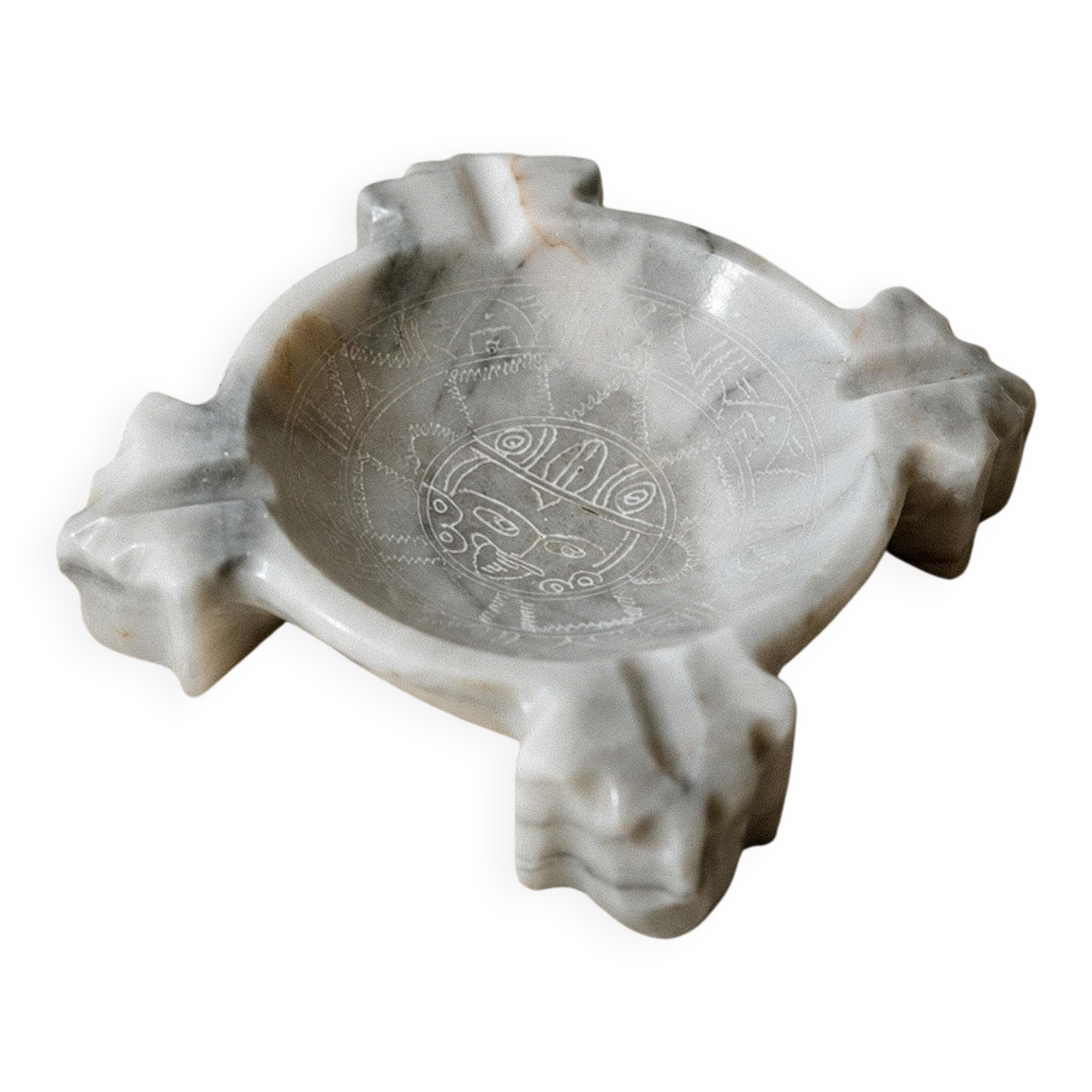 Vintage Mexican marble ashtray from the 1970s, engraved Aztec pattern.