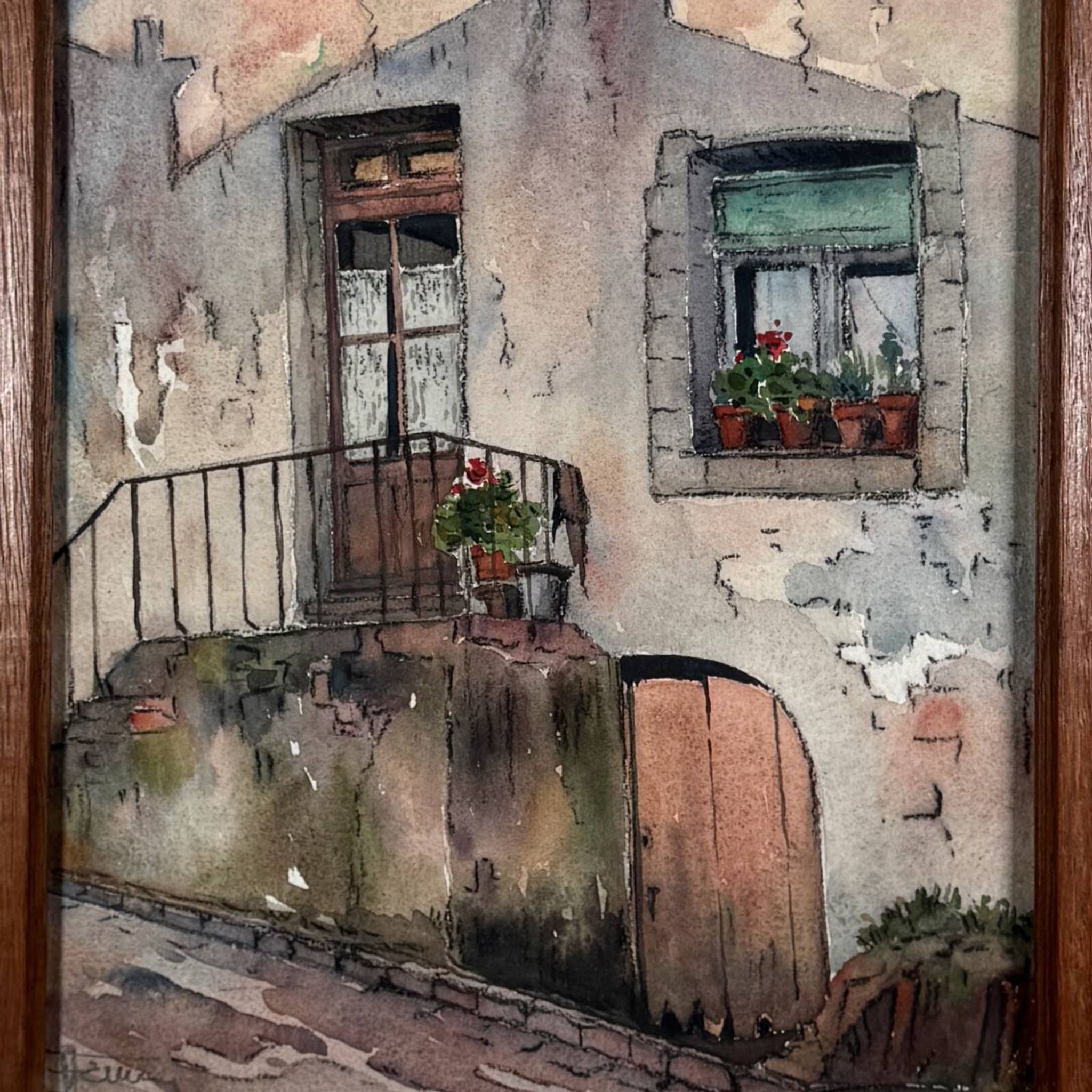 Aquarelle sur papier représentant l'entrée d'une maison début XXe