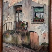 Aquarelle sur papier représentant l'entrée d'une maison début XXe
