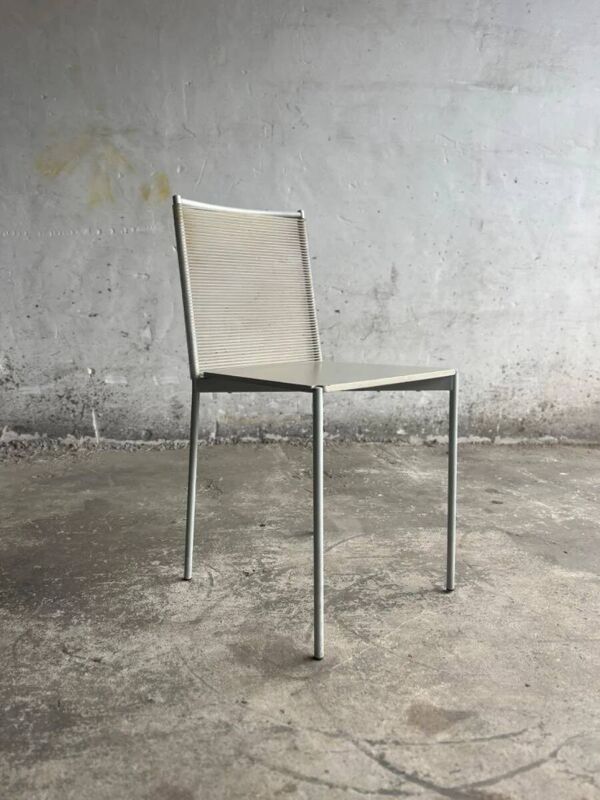 Ensemble de 4 chaises Fly Line en métal gris clair thermolaqué avec corde couleur crème - Giandomenico Belotti, années 1980