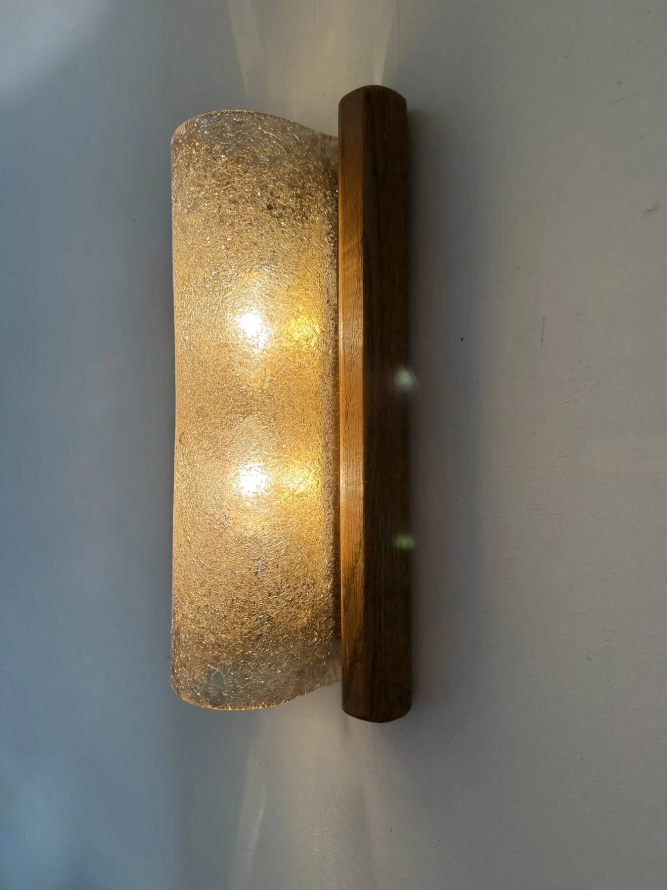 Mid-century Fisher Leuchten glass wall lamp with solid wooden detail, 1970s