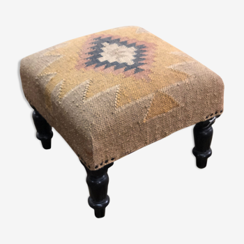 Tabouret de pied pouf en tissu et pieds bois 70'S