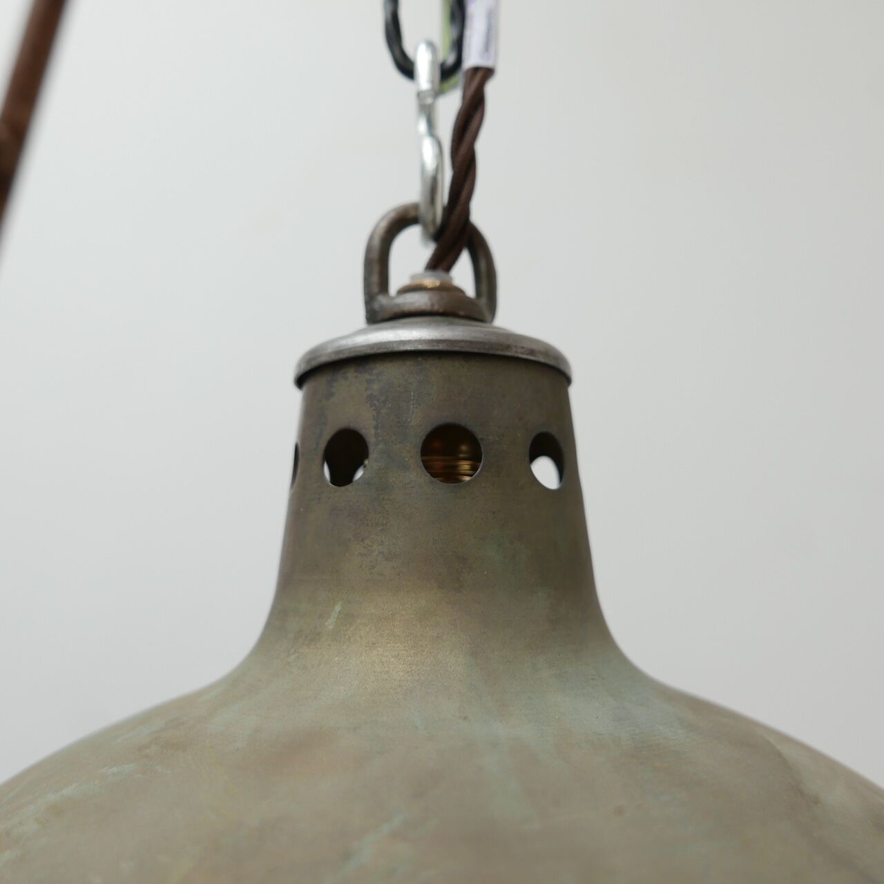Patinated metal and glass Holophane pendant light