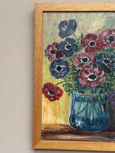 Original Swedish Oil on Panel “Flowers in Vase” Vintage & Framed 29 × 37cm