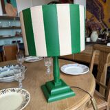 Pair of wooden bedside lamps with striped lampshades