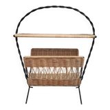Magazine rack in the style of Raoul Guys, rattan and iron structure, vintage 1950s
