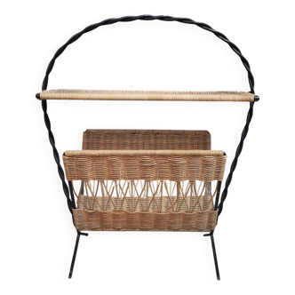 Magazine rack in the style of Raoul Guys, rattan and iron structure, vintage 1950s