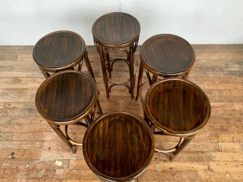 Series of 6 bar stools in curved wood