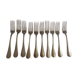 Ten forks of old silver metal tables