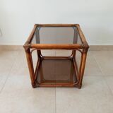 Table d'appoint vintage rotin et verre fumé années 70