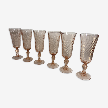 6 champagne flutes in 1970 pink glass