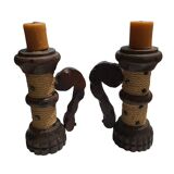 Duo of Wooden Candle Holders with Brutalist-Style Rope Decor