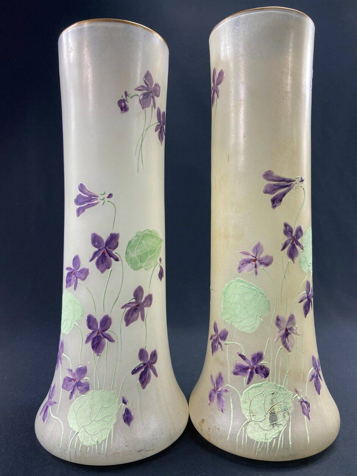 Large pair of glass vases with enameled floral decoration from the early 20th century LEGRAS