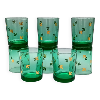 8 small GLASSES, 9 cl, emerald green and gold, vintage France Luminarc
