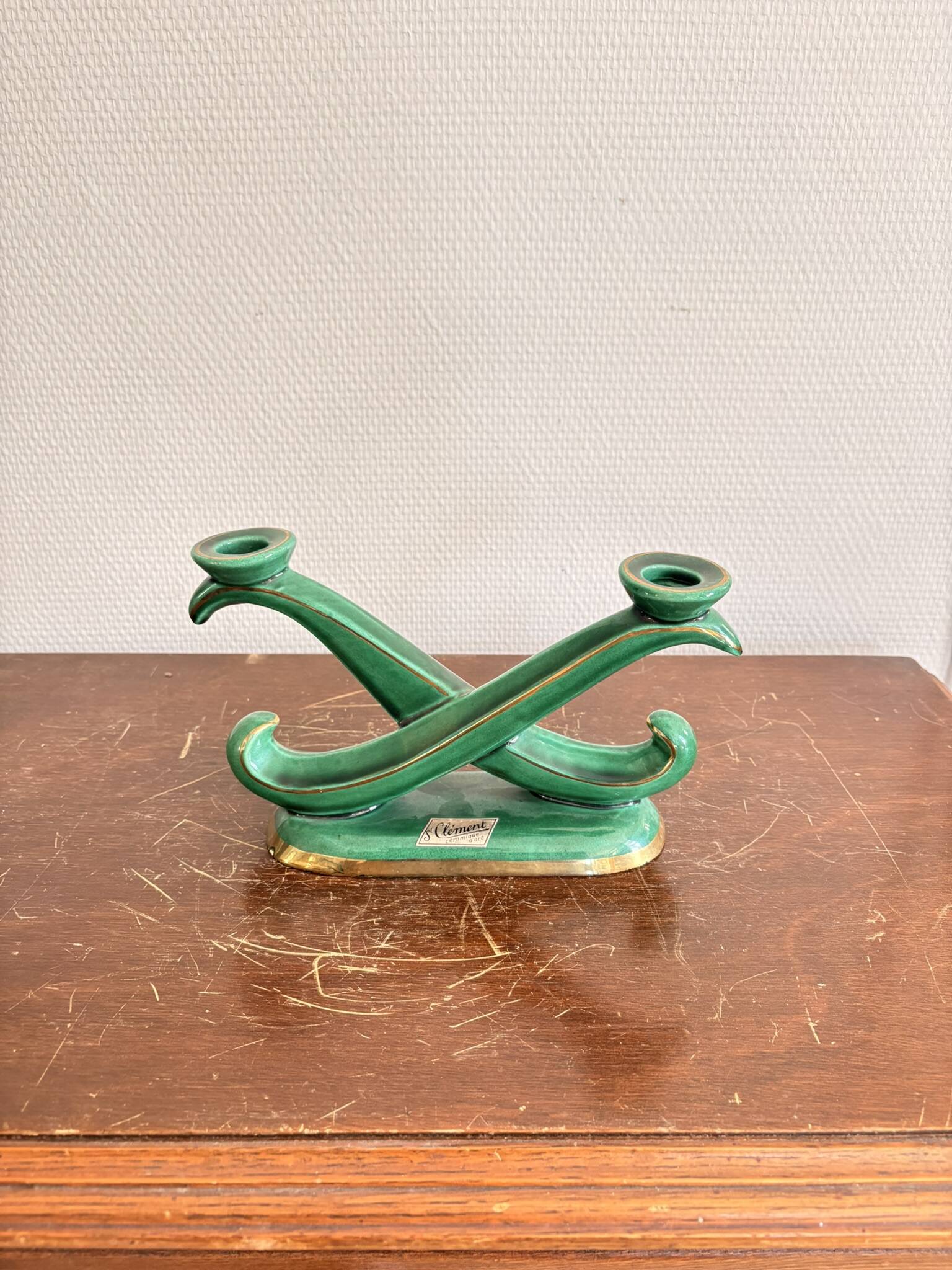 Antique Candle Holder Chandelier 2 Arms Saint Clément Glazed Green Ceramic
