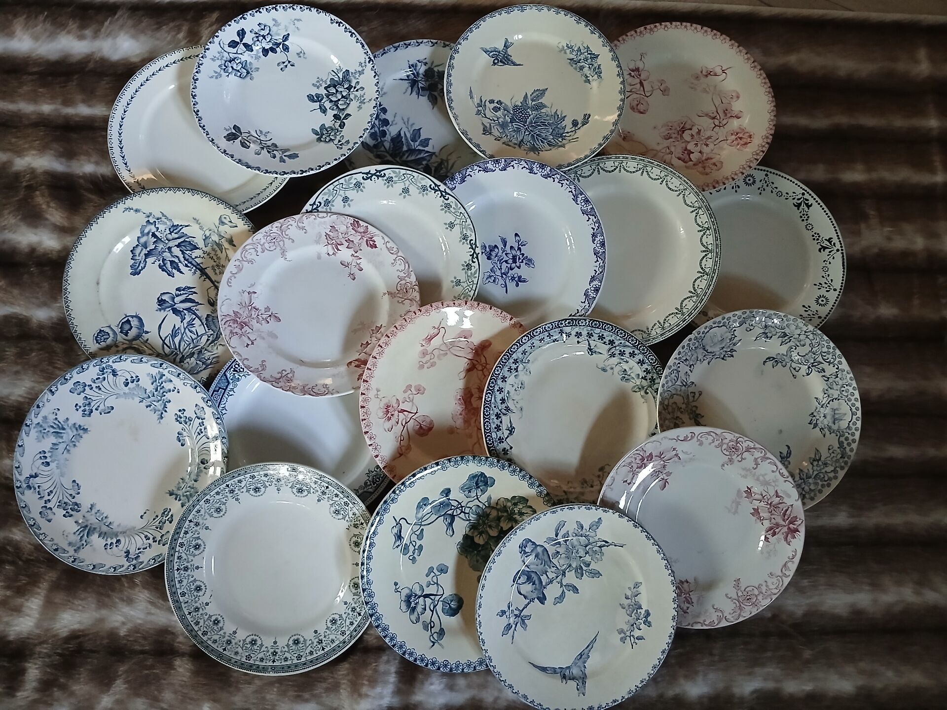 20 mismatched antique flat plates in ironstone