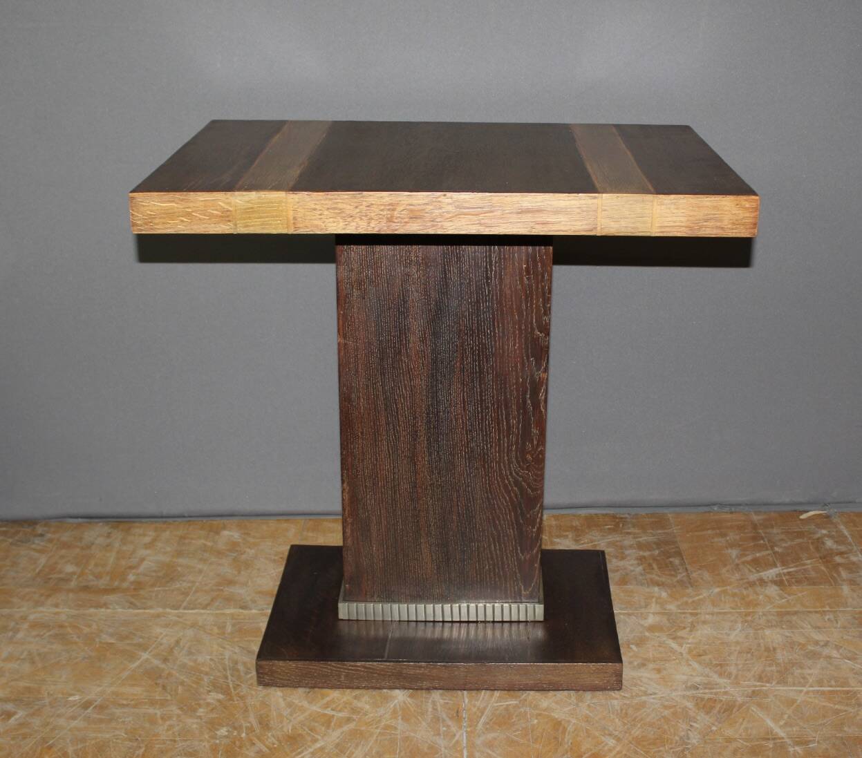 Art Deco period pedestal table in oak and nickel-plated bronze circa 1930