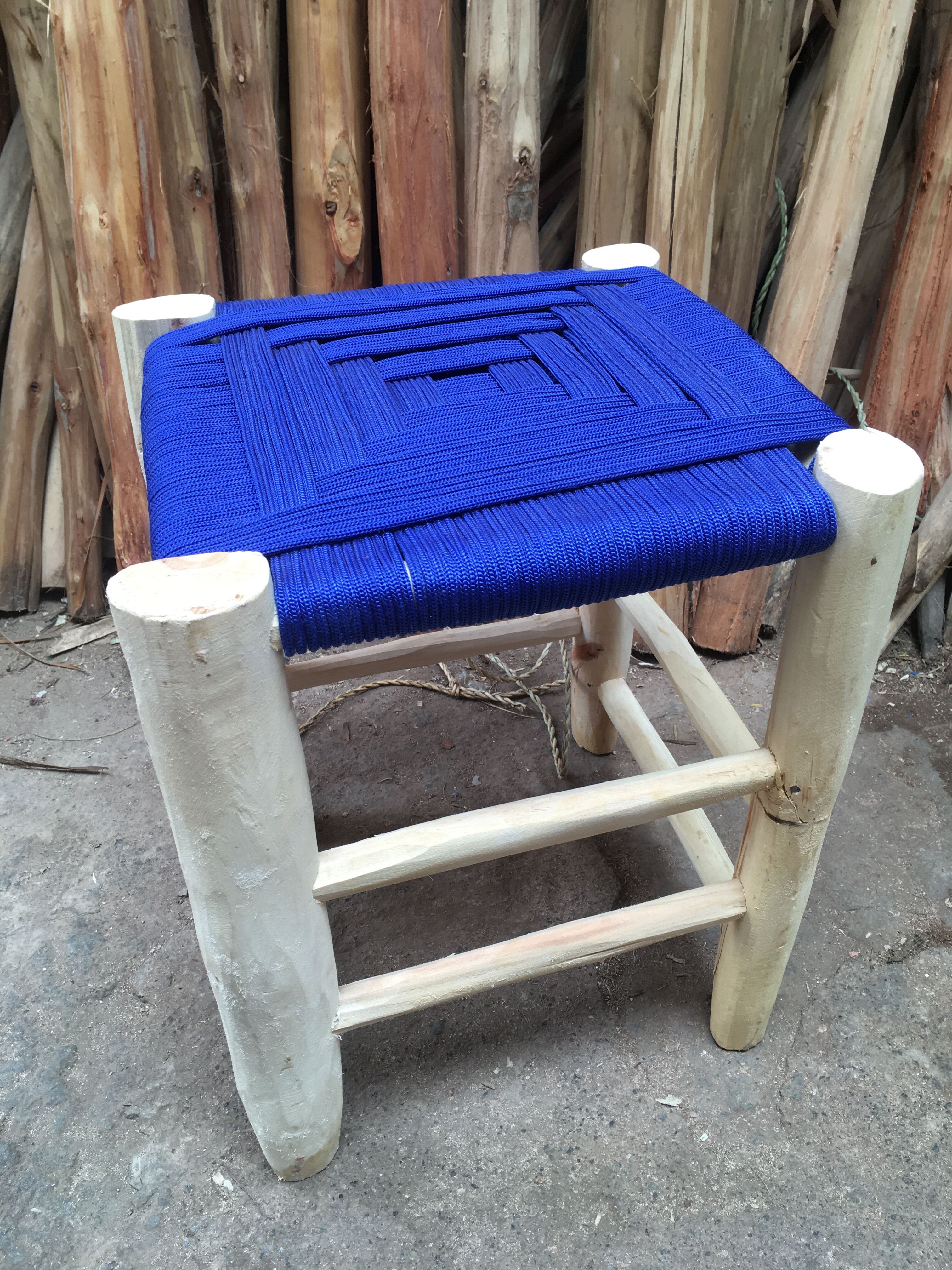 Traditional moroccan stool in nylon thread blue majorelle and eucalyptus wood