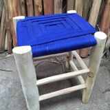 Traditional moroccan stool in nylon thread blue majorelle and eucalyptus wood