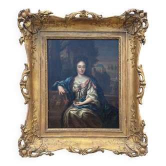 Tableau ancien, portrait d’une femme galante signé, début XVIII siècle
