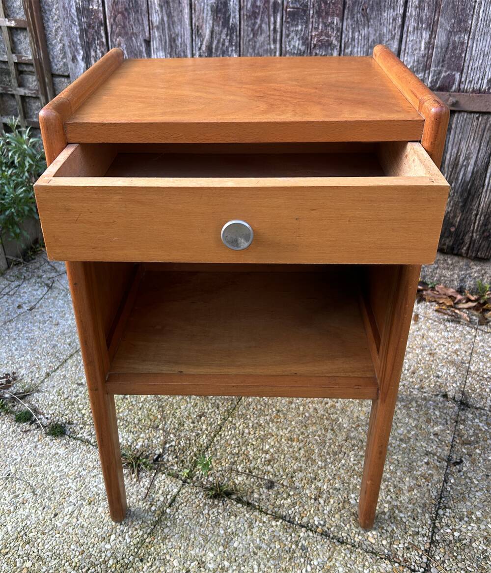 Wooden bedside table, warm tones, vintage, 1950s.