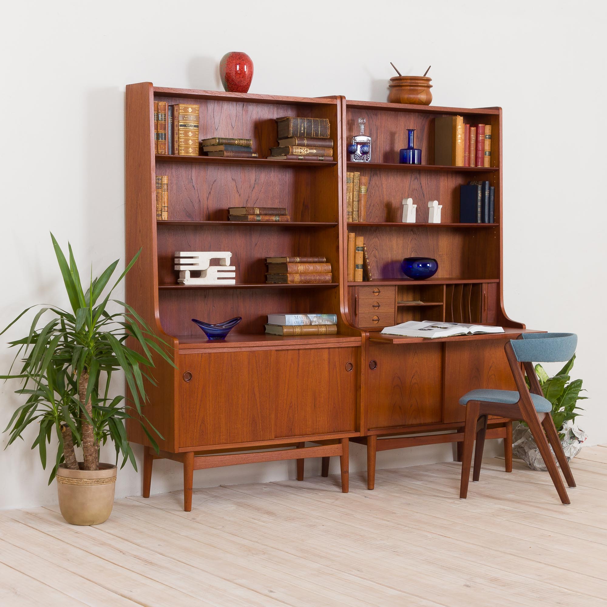 Johannes Sorth Nexo two sections bookcase with a secretaire in teak, Danish, 60s
