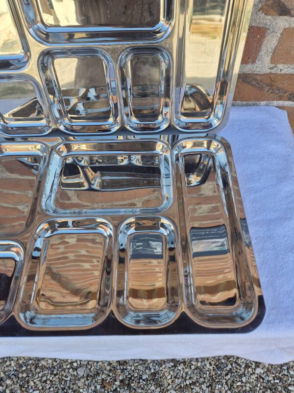 Pair of flat stainless steel serving trays