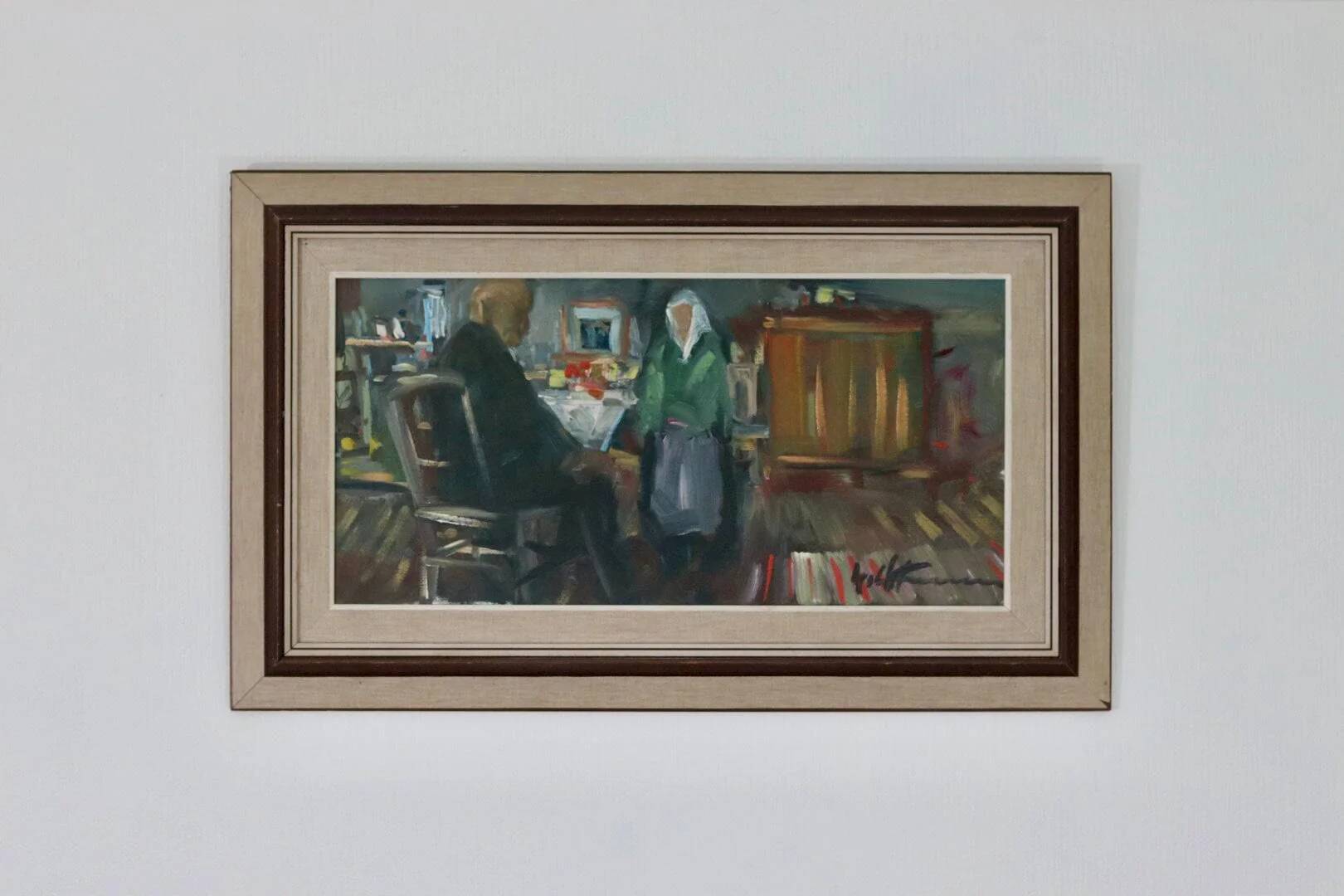 Huile sur toile suédoise originale – « Deux personnages à une table »