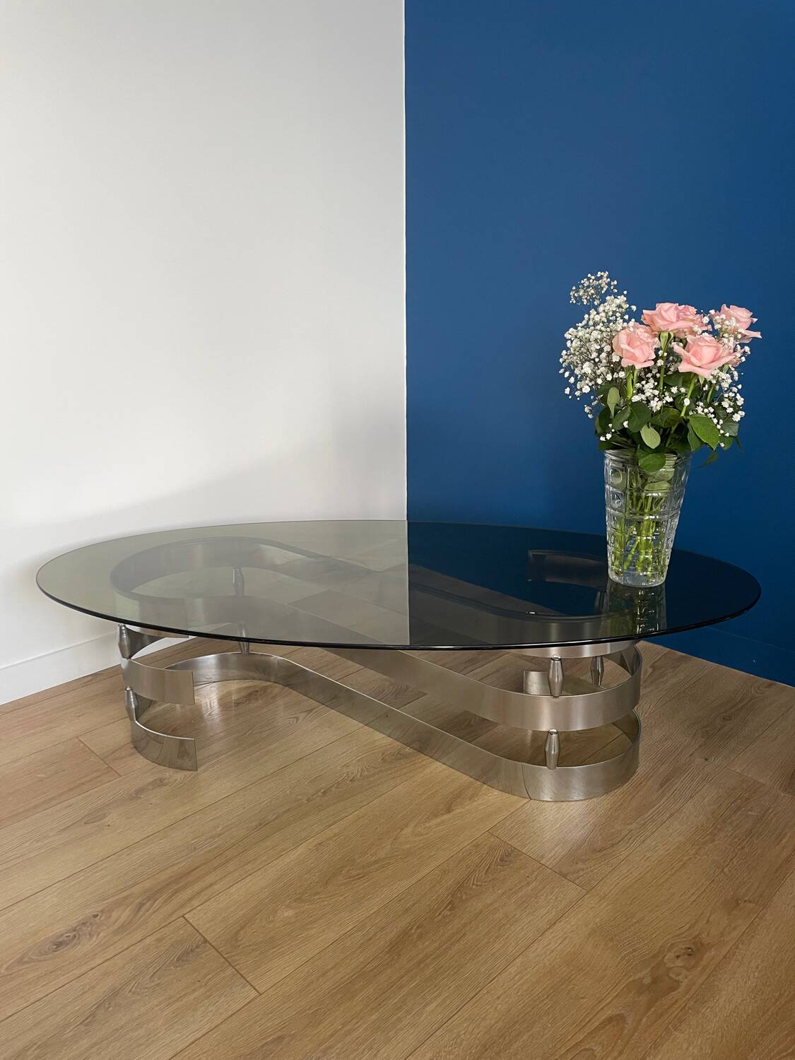 1970s coffee table in smoked glass and aluminum