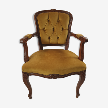 Fauteuil cabriolet velours jaune et bois