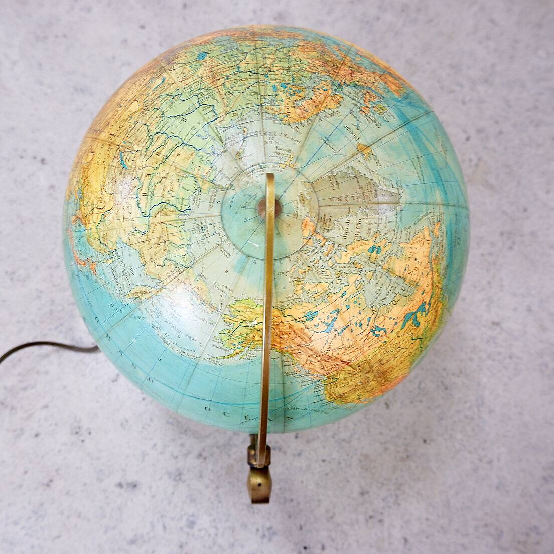 Glass & brass luminous world map by Paul Oestergaard for Colombus Verlag - 1950s