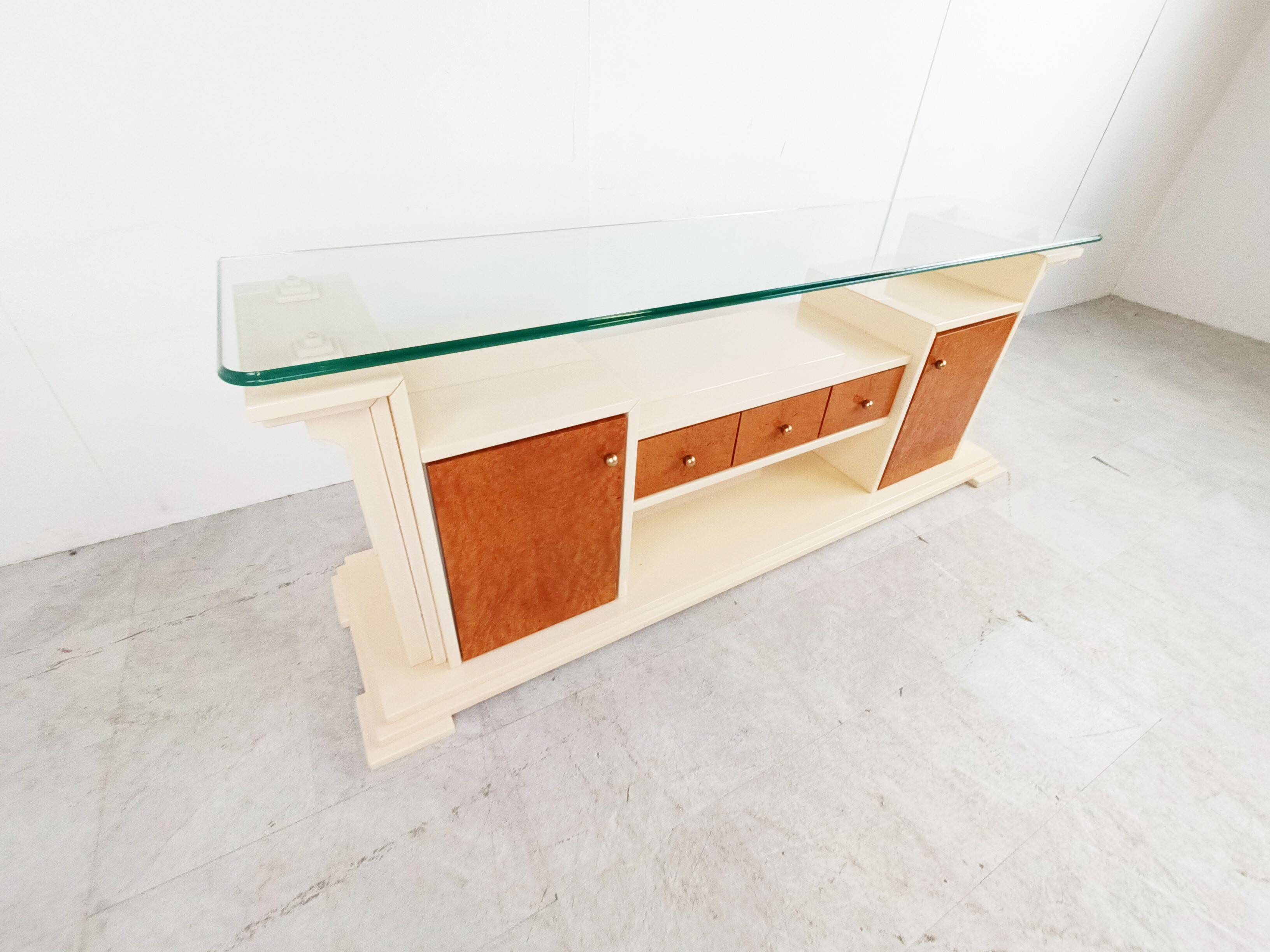 Vintage lacquer and burl wood credenza, 1980s
