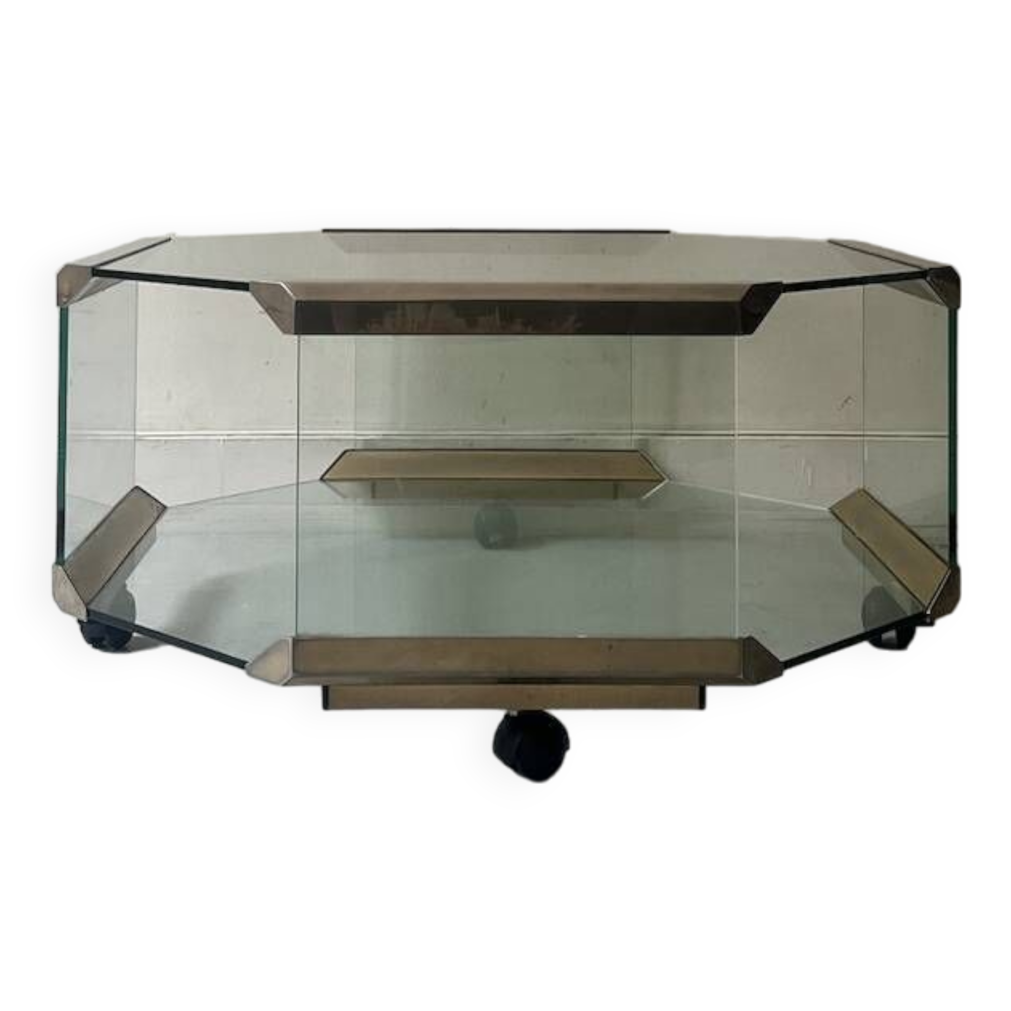 Hexagonal coffee table on wheels in glass and brass by Galloti & Radice, Italy 1970