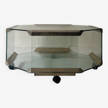 Table basse hexagonale sur roues en verre et laiton par Galloti & Radice, Italie 1970