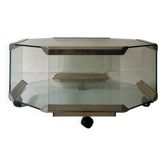 Hexagonal coffee table on wheels in glass and brass by Galloti & Radice, Italy 1970