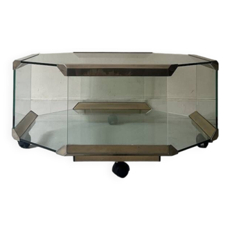 Hexagonal coffee table on wheels in glass and brass by Galloti & Radice, Italy 1970