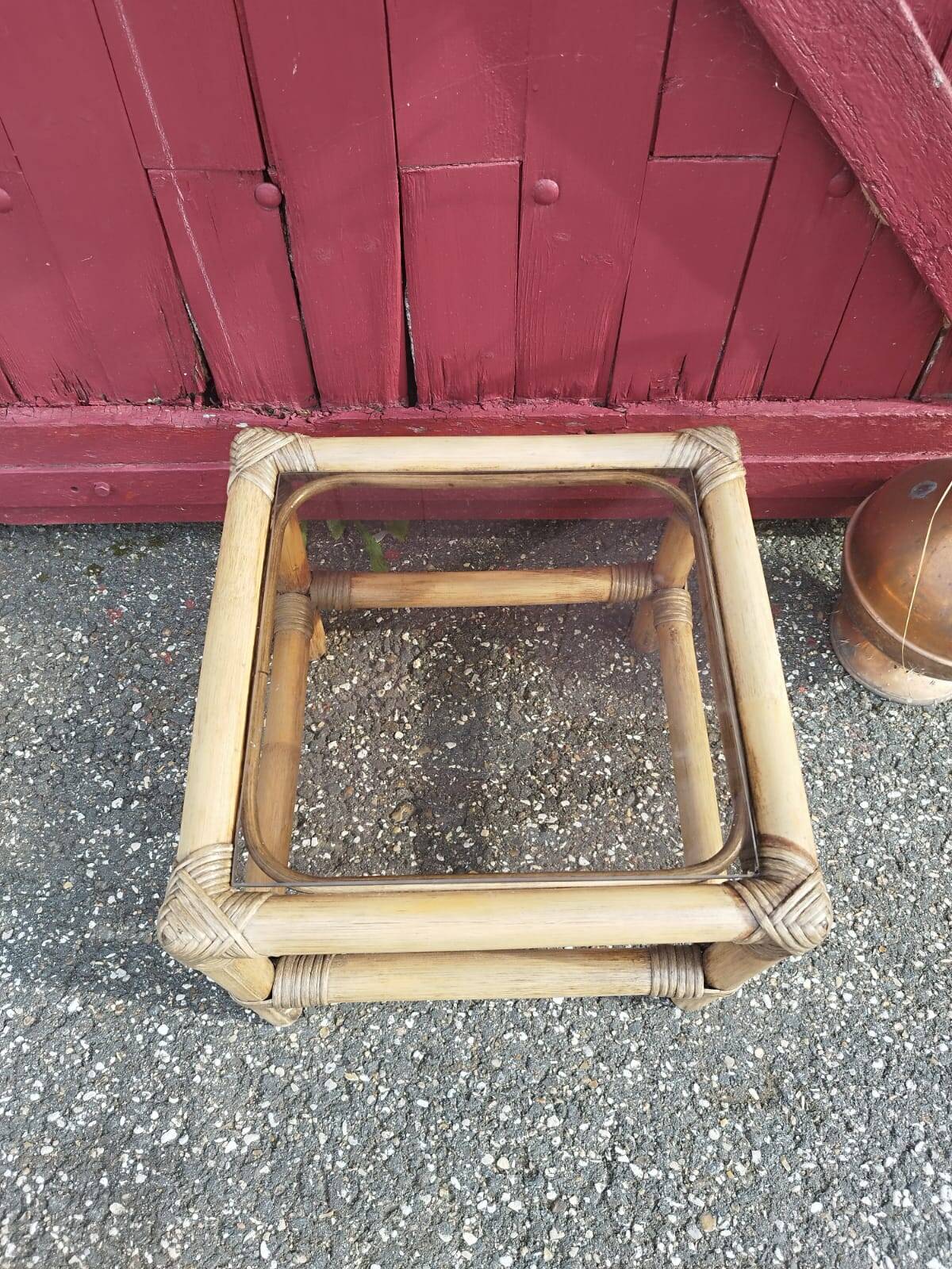 Small coffee or bedside table in rattan and vintage smoked glass