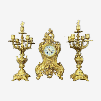 Ancient clock and its 2 working bronze candelabra