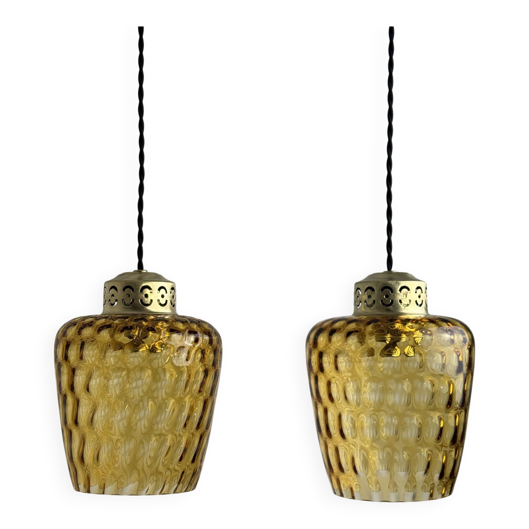 PAIR OF ANTIQUE TEXTURED AMBER GLASS SUSPENSIONS VINTAGE