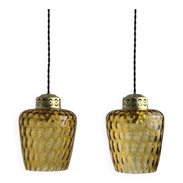 PAIRE D'ANCIENNES SUSPENSIONS VERRE TEXTURÉ AMBRÉ VINTAGE