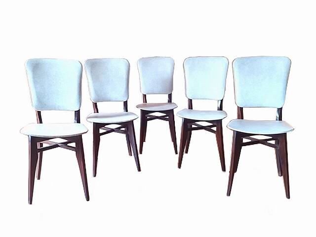 5 vintage chairs from the 60s, white leatherette, mahogany wood