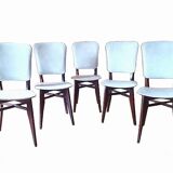 5 vintage chairs from the 60s, white leatherette, mahogany wood