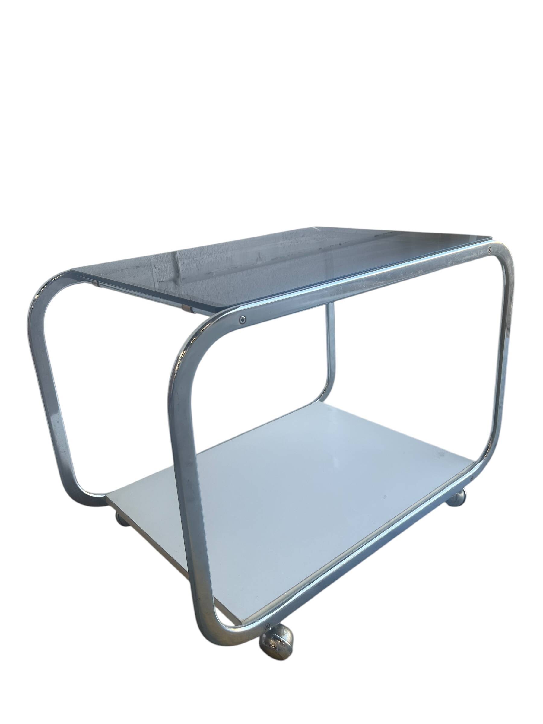 vintage chrome side table/bar cart with glass