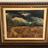 Countryside Landscape Church and Wheat Fields - Work Signed Livio (1955)