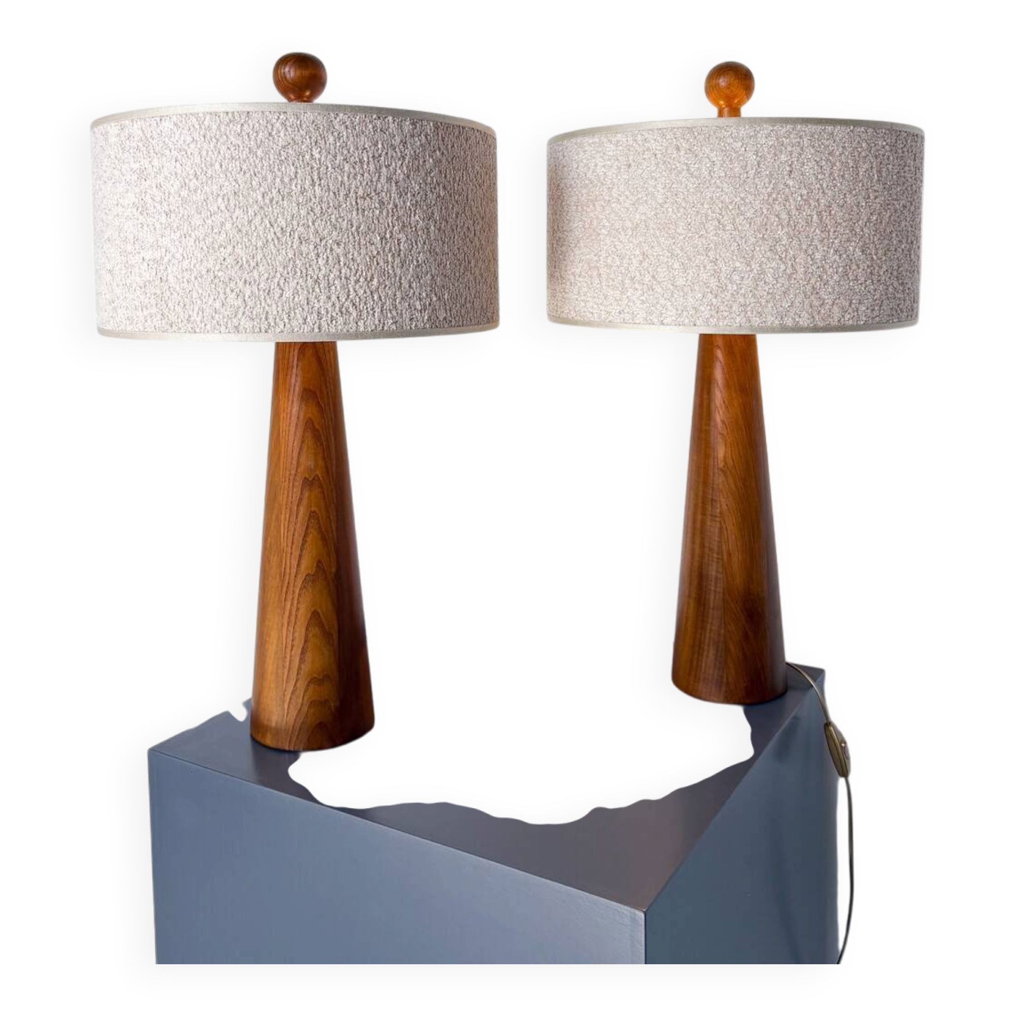 Pair of Modern Conical Wooden Table Lamps, Bouclé Lampshade,Italy