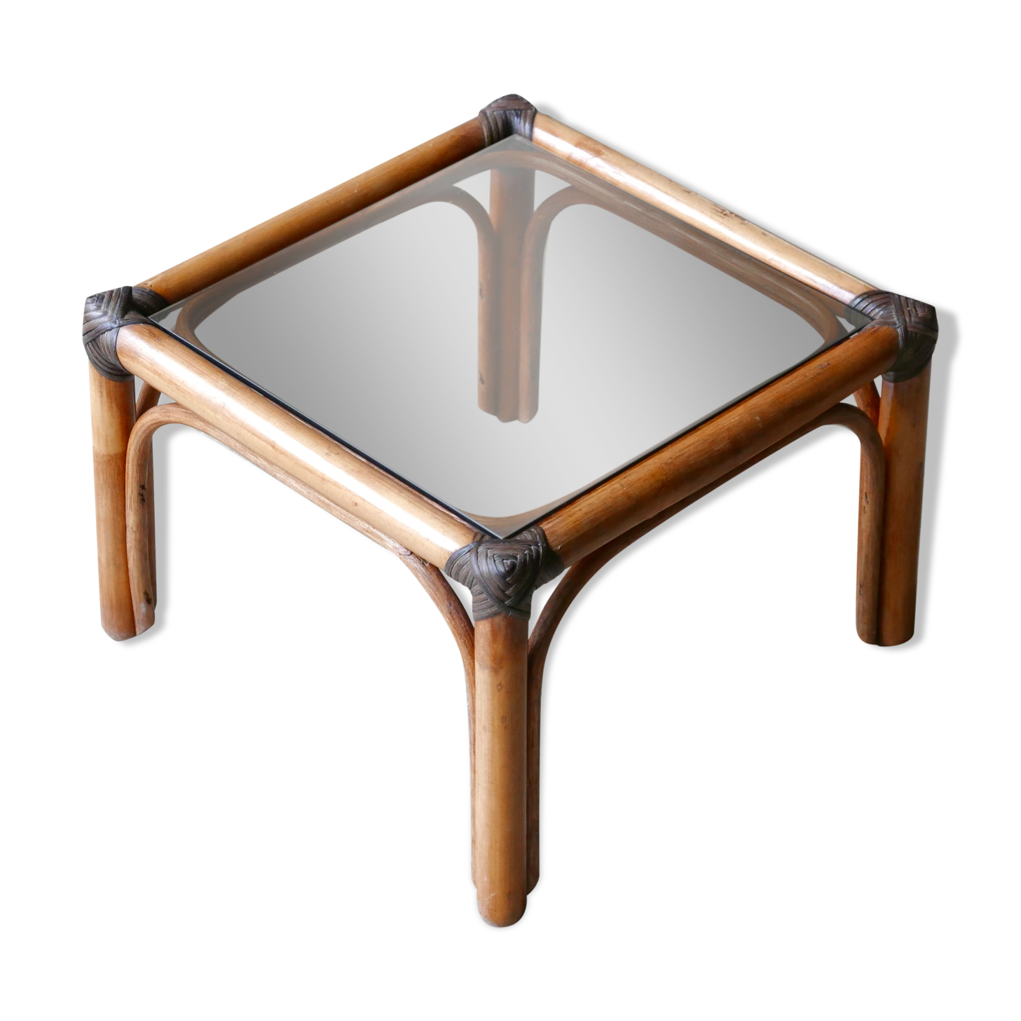 Side table in bamboo and smoked glass, 60s