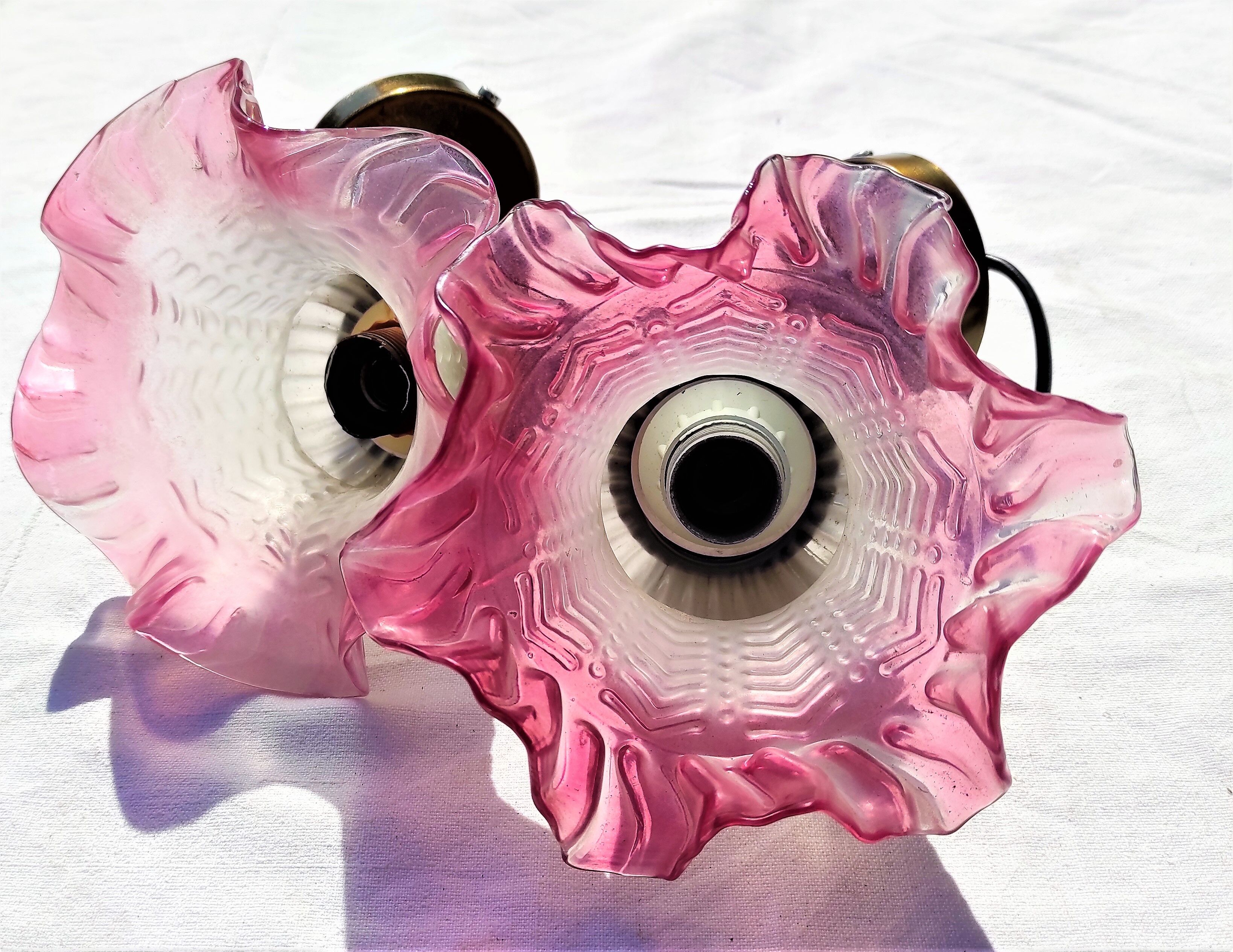 Sconces with tulip colored pink support color old gold 1 pair around 1970