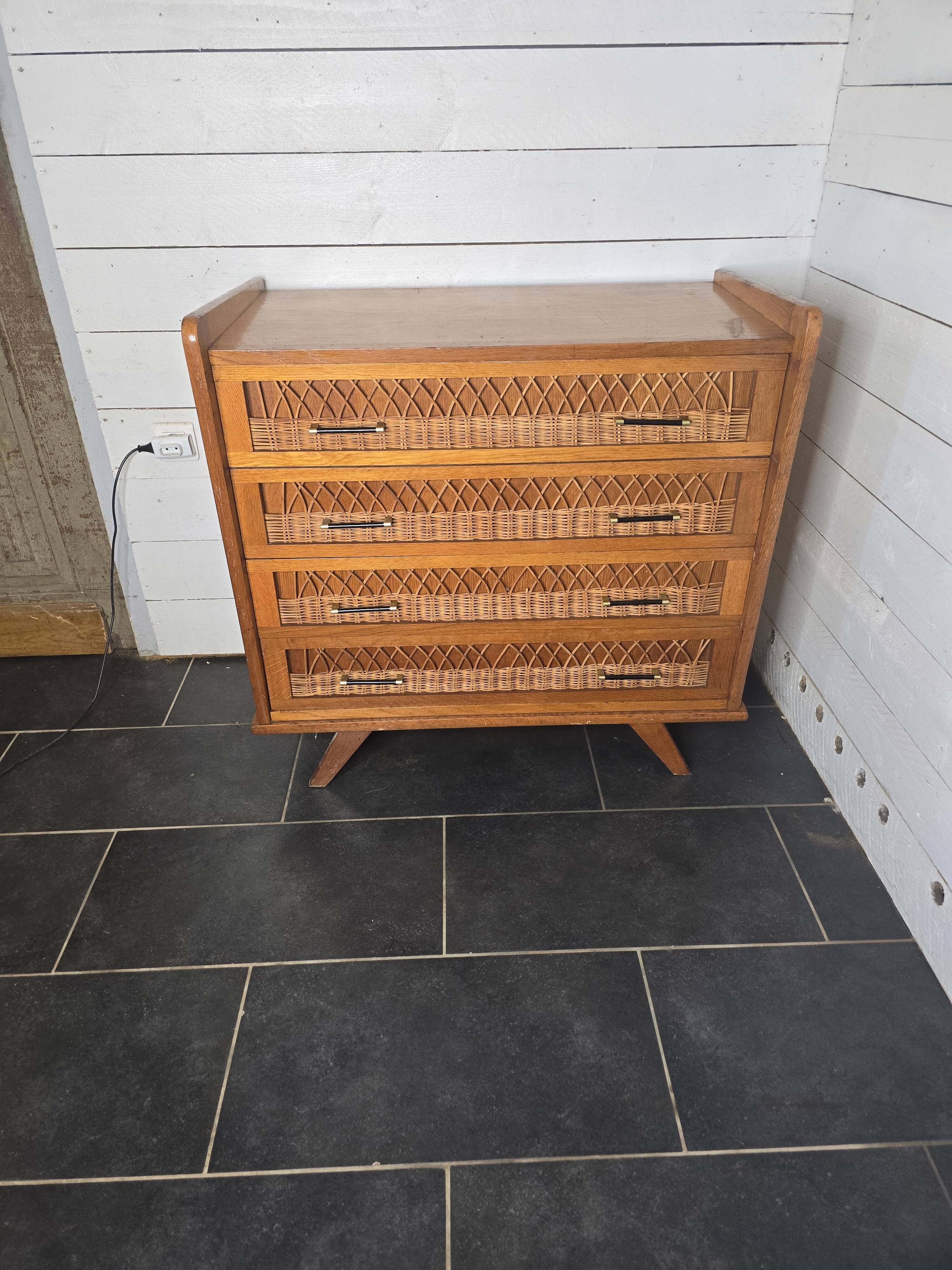 Commode en rotin et bois, années 60